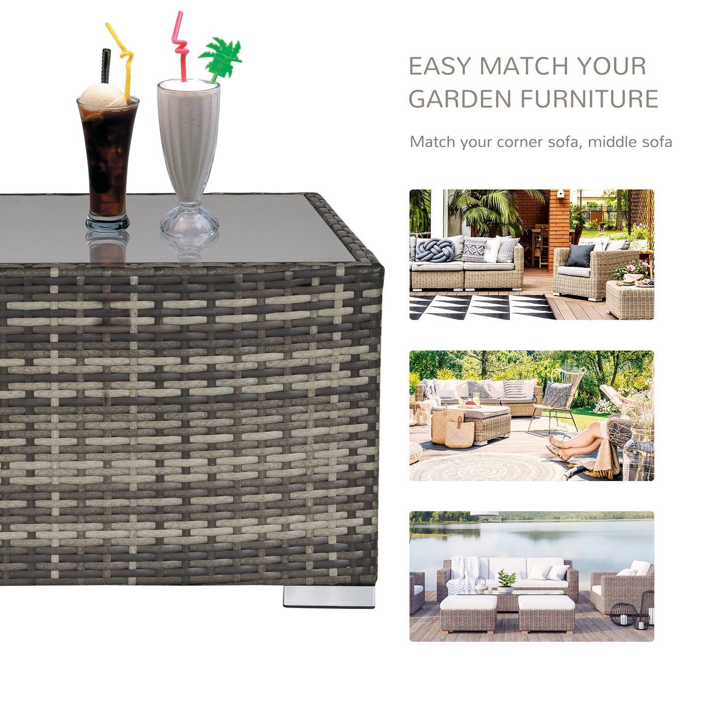 Noneli Dark Grey Rattan 5 Seater Outdoor Corner Sofa Set With Glass Coffee Table
