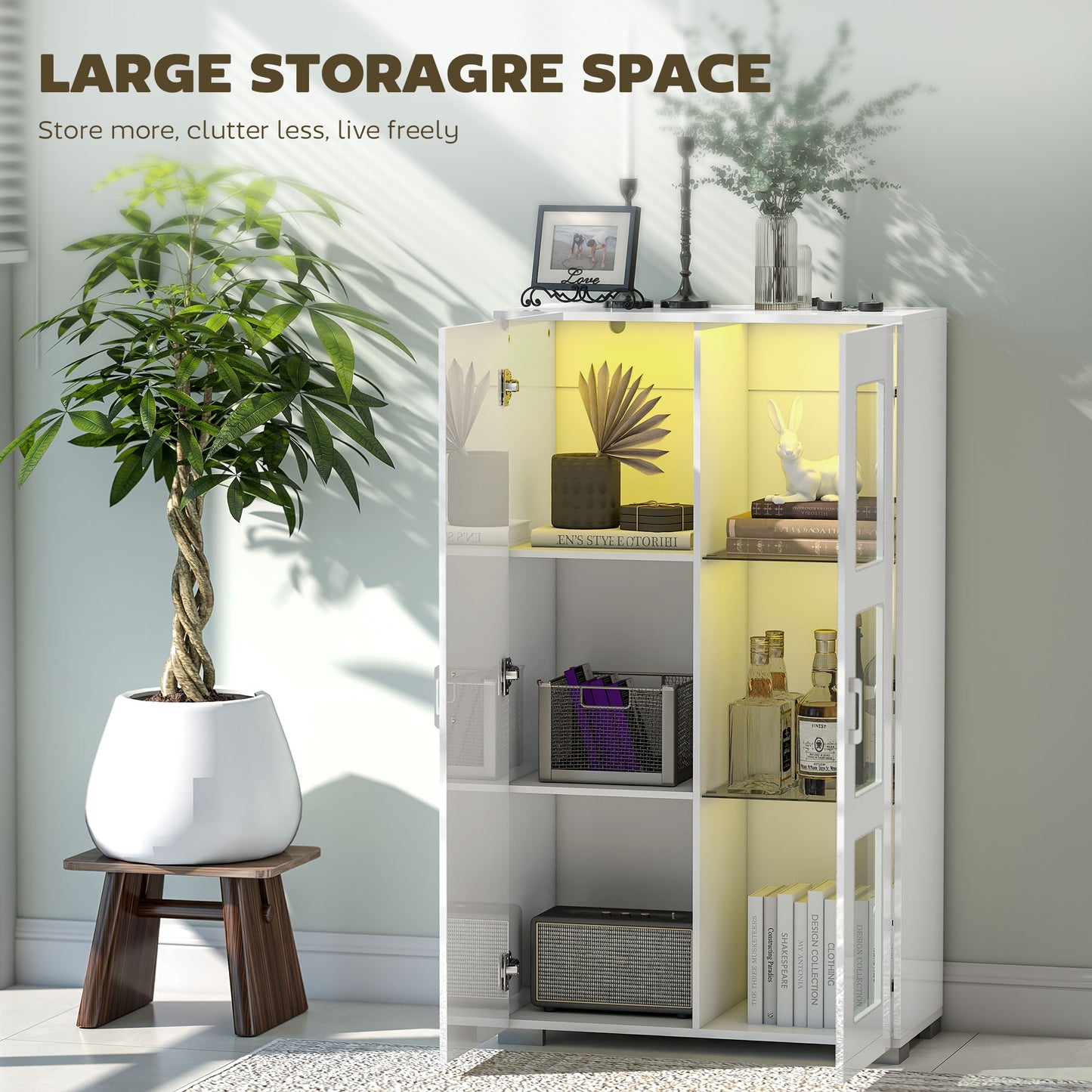 Sora Coma High Gloss White Tall Storage Cabinet Glass Doors 2 Shelves with LED Lighting