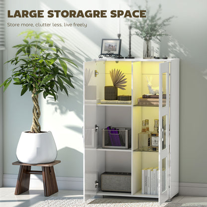 Sora Coma High Gloss White Tall Storage Cabinet Glass Doors 2 Shelves with LED Lighting
