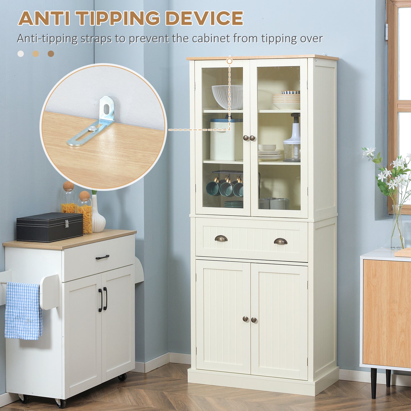 Fidozi Wooden Cream White 5 Tier Freestanding Kitchen Cupboard With Adjustable Shelves And Drawer