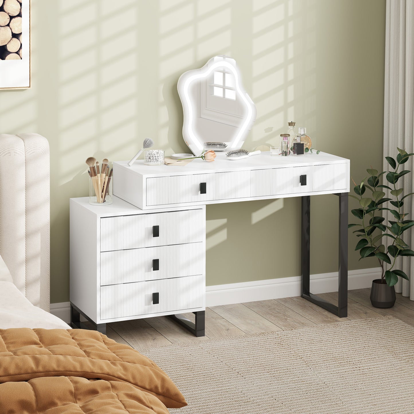 Nalomo White Vanity Desk With Leaf ShaFauxd Mirror 5 Drawers And 3 Colour LED Lighting