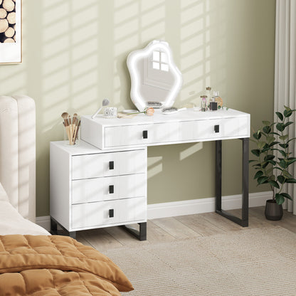 Nalomo White Vanity Desk With Leaf ShaFauxd Mirror 5 Drawers And 3 Colour LED Lighting