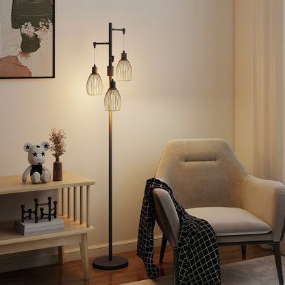 Tane Metal Black Industrial 3 Light LED Floor Lamp With Wire Cage Shades