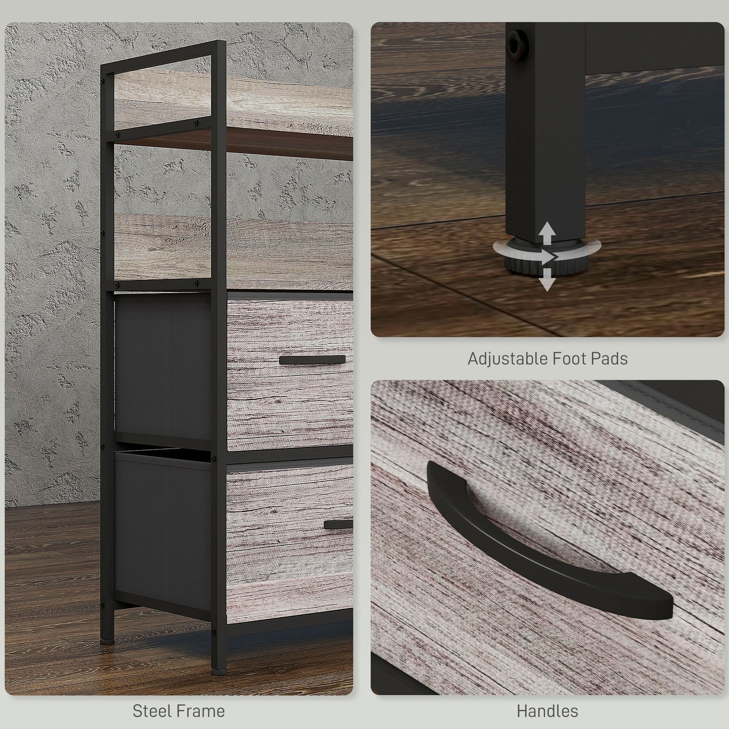 Rimo Fabric And Wood Grey Wood Effect 5 Drawer Rustic Storage Chest