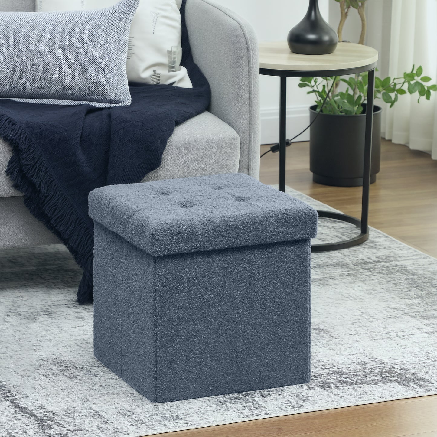 Fazi Sherpa Fleece Blue Foldable Storage Ottoman Diamond Tufted Lid