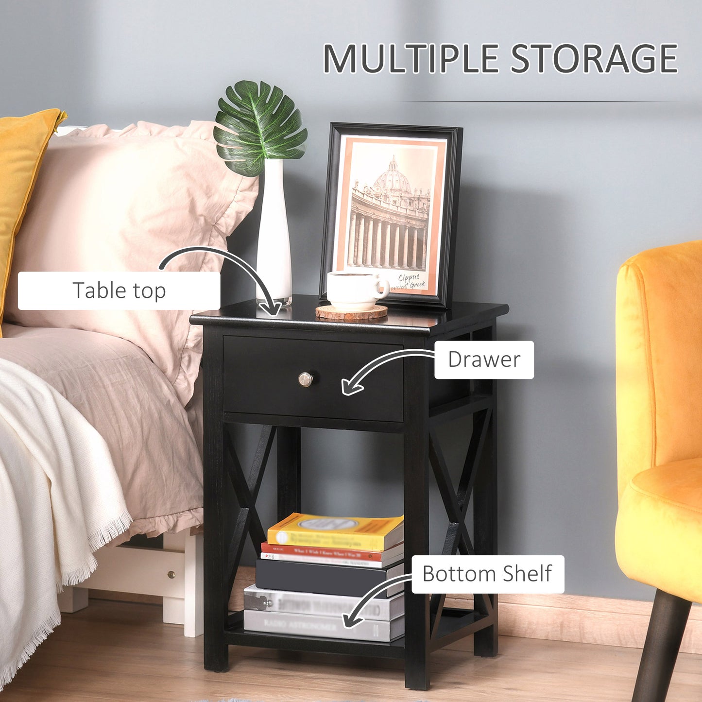Vidodo Black Wooden Bedside Table With Drawer X Bar Base And Lower Shelf