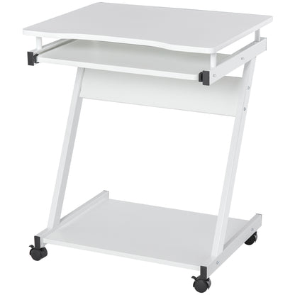 Suel 60cm Wooden White Mobile Z Shaped Desk With Castor Wheels And Sliding Keyboard Tray