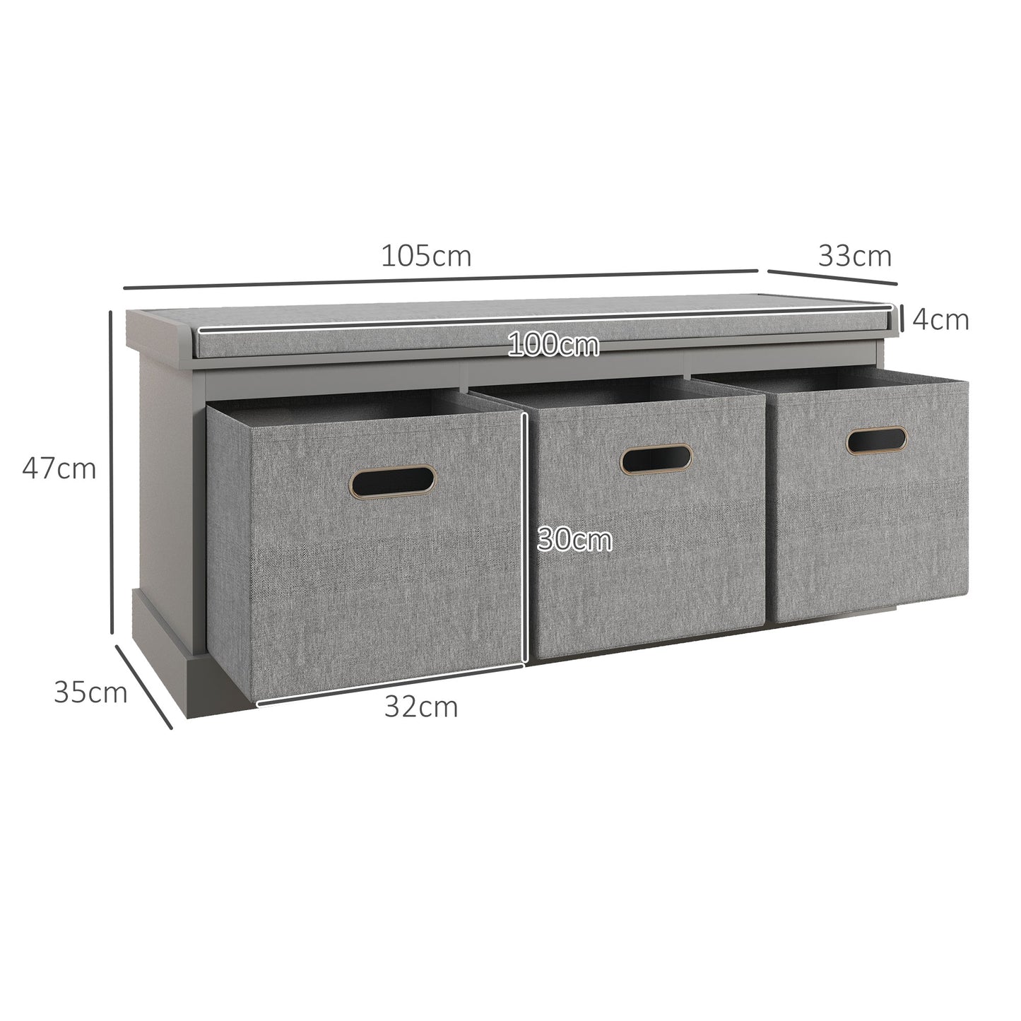 Marari Wooden Grey 3 Drawer Shoe Storage Bench With Padded Seat