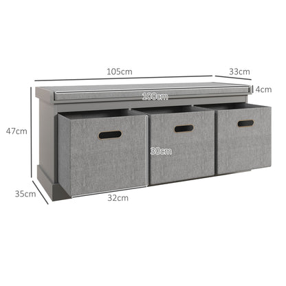 Marari Wooden Grey 3 Drawer Shoe Storage Bench With Padded Seat