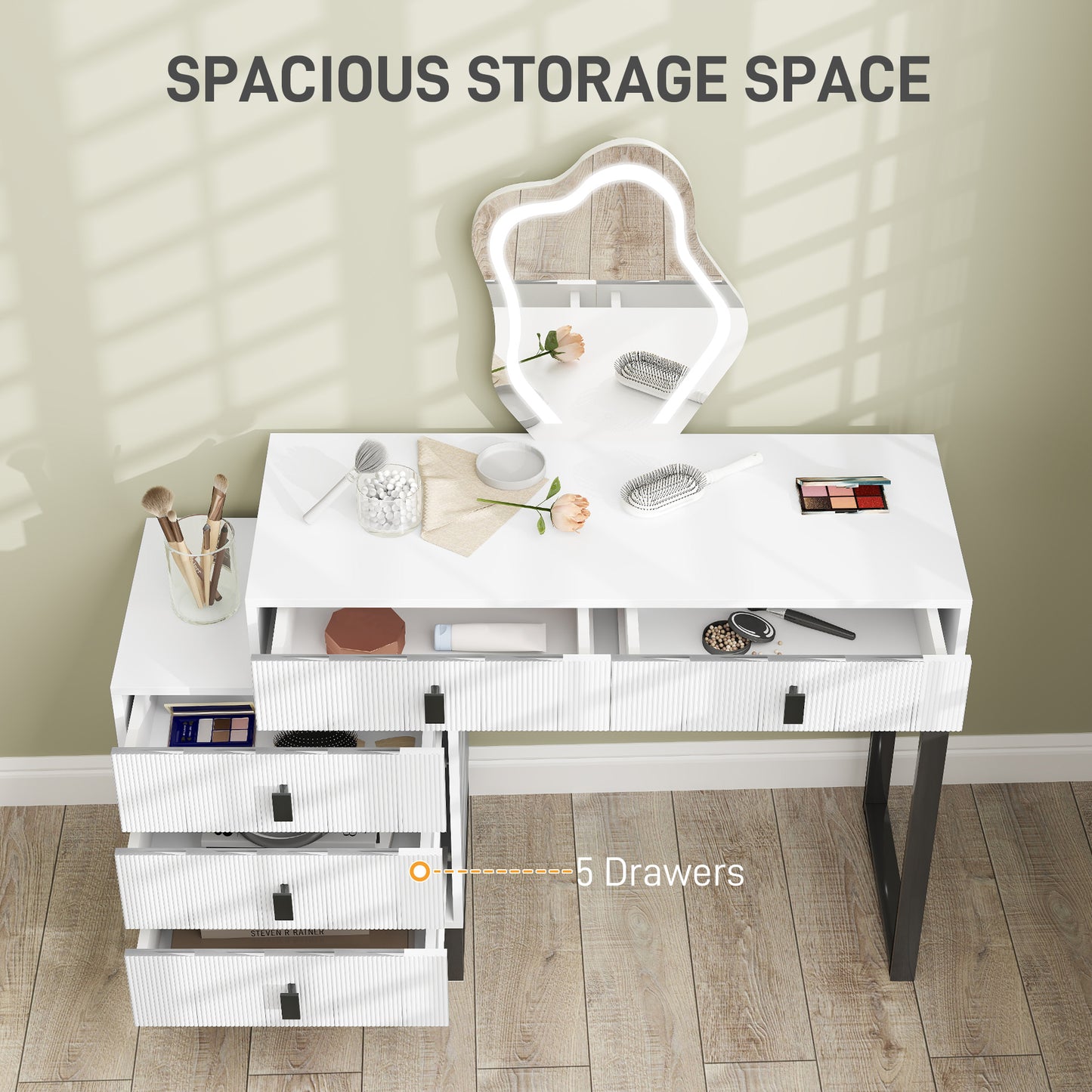 Nalomo White Vanity Desk With Leaf ShaFauxd Mirror 5 Drawers And 3 Colour LED Lighting
