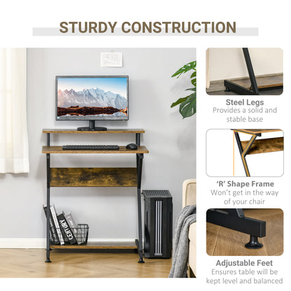 Lulose 70cm Small Black Metal And Wooden Rustic Brown Compact Industrial Desk With Monitor Stand