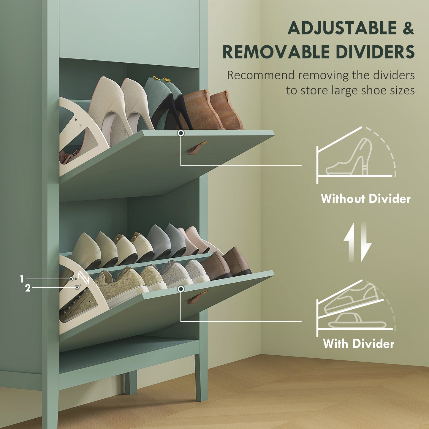 Diveve Wooden Mint Green Modern 3 Drawer Shoe Cabinet Faux Leather Handles