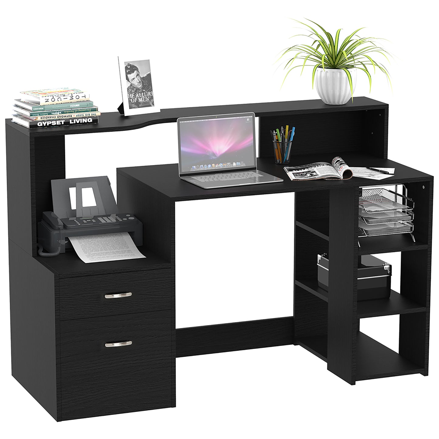 Tapava 137cm Wooden Black Large Office Desk With Shelves Drawers And Printer Stand