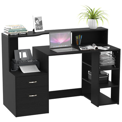 Tapava 137cm Wooden Black Large Office Desk With Shelves Drawers And Printer Stand