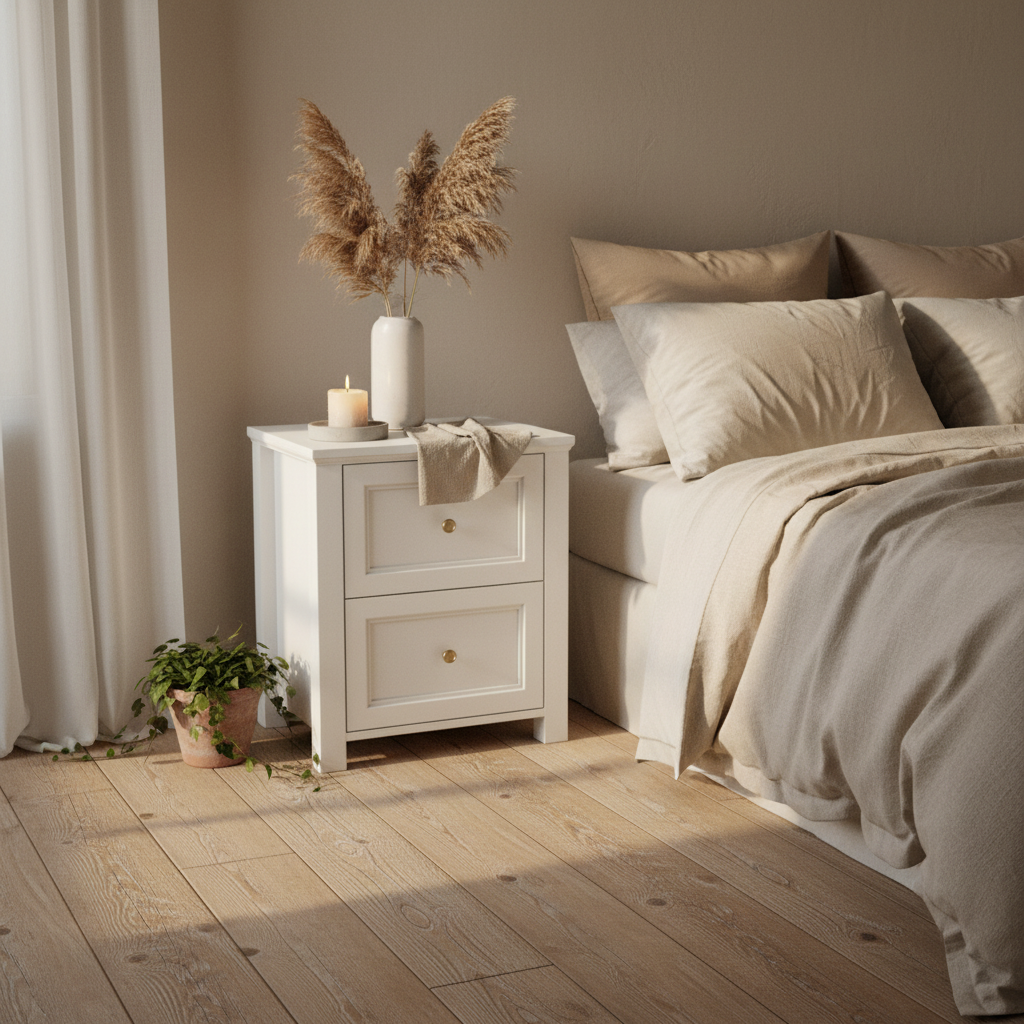 Tulle Panelled White Wood Bedside Table 2 Drawers