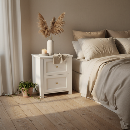 Tulle Panelled White Wood Bedside Table 2 Drawers