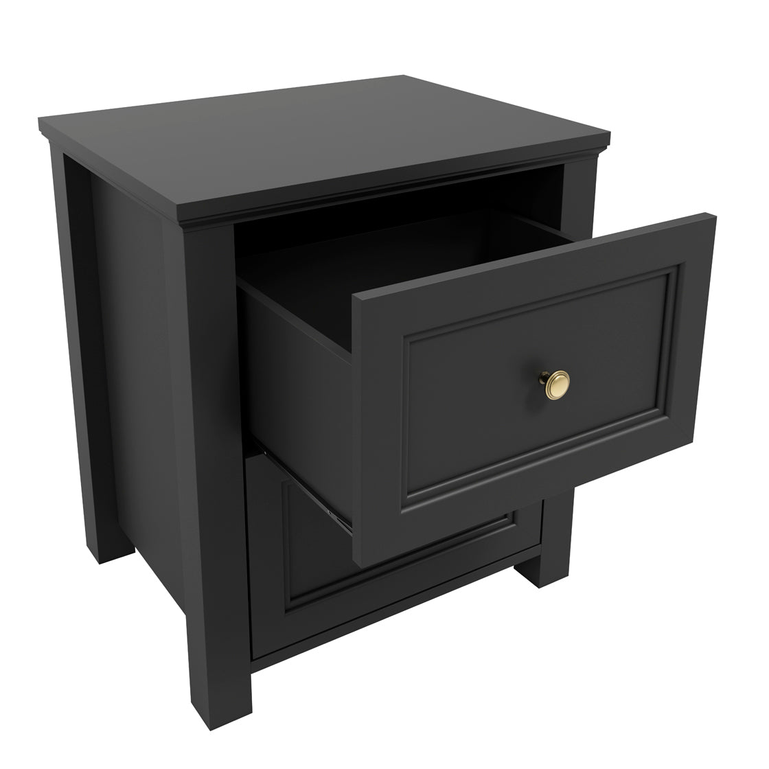 Tulle Panelled Black Wood Bedside Table 2 Drawers
