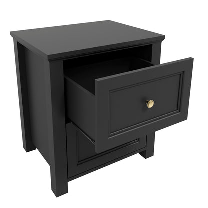 Tulle Panelled Black Wood Bedside Table 2 Drawers