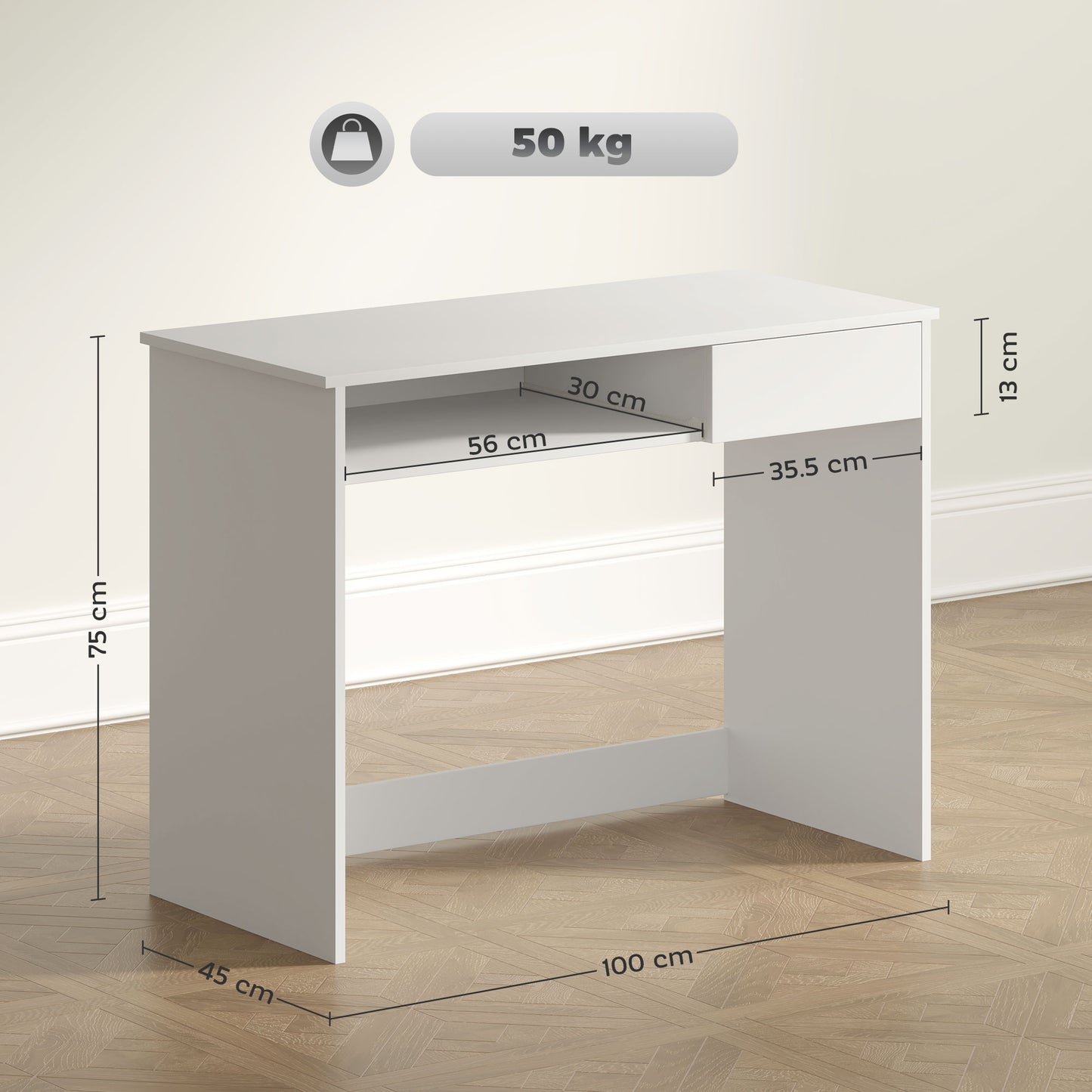 Lohalu 100cm Wooden White Compact Home Office Desk With Keyboard Tray And Drawer Storage
