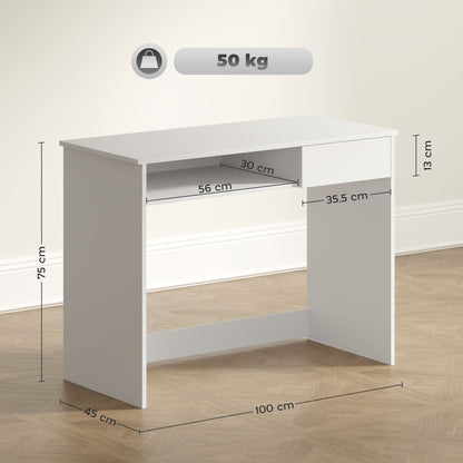 Lohalu 100cm Wooden White Compact Home Office Desk With Keyboard Tray And Drawer Storage