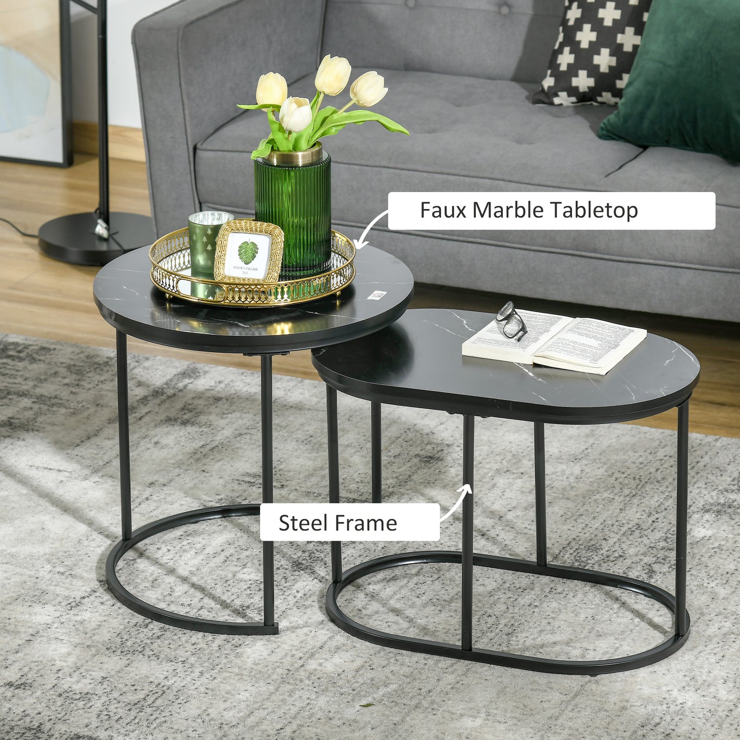 Coyo Metal And Wood Black And White Marble Effect Nest Of Tables