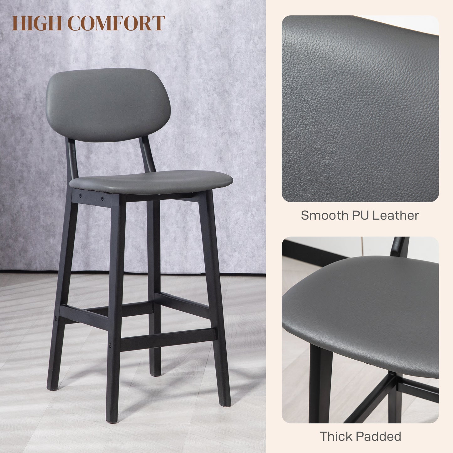 Lavidiel Faux Leather Dark Grey Bar Stools Set Of 2 With Back Support And Wood Legs
