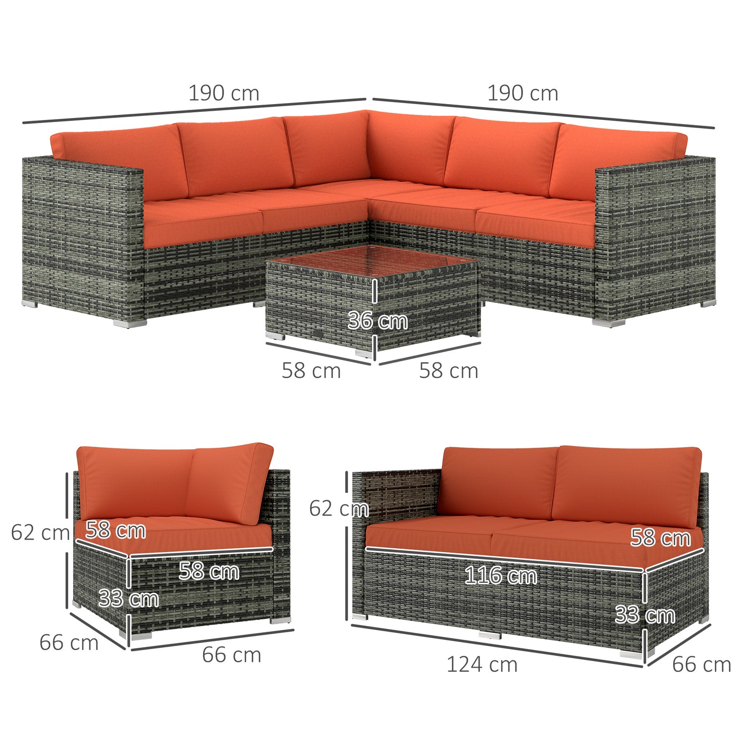 Lane Grey Rattan 4 Seater Outdoor Sofa Set With Orange Cushions