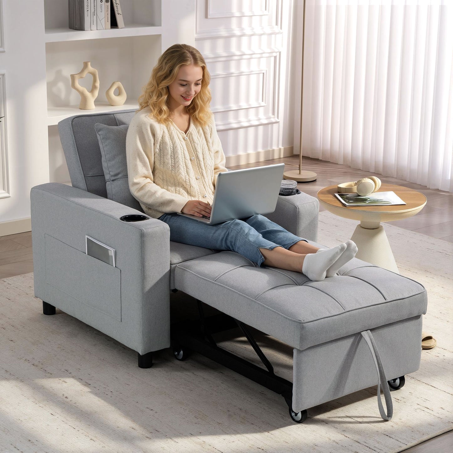 Soliri Light Grey Upholstered 3 In One Convertible Single Sofa Bed Tufted Cushion