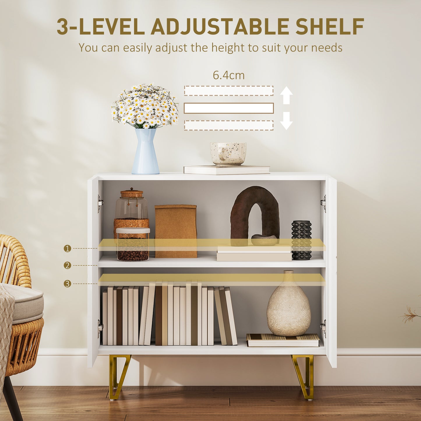 Diro High Gloss White Geometric Pattern Sideboard With Gold Hairpin Legs