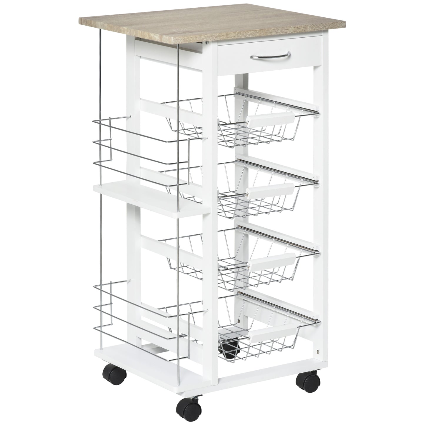 Norili Metal Natural And White Rolling Kitchen Cart With 4 Basket Drawers And Side Racks