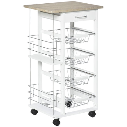 Norili Metal Natural And White Rolling Kitchen Cart With 4 Basket Drawers And Side Racks