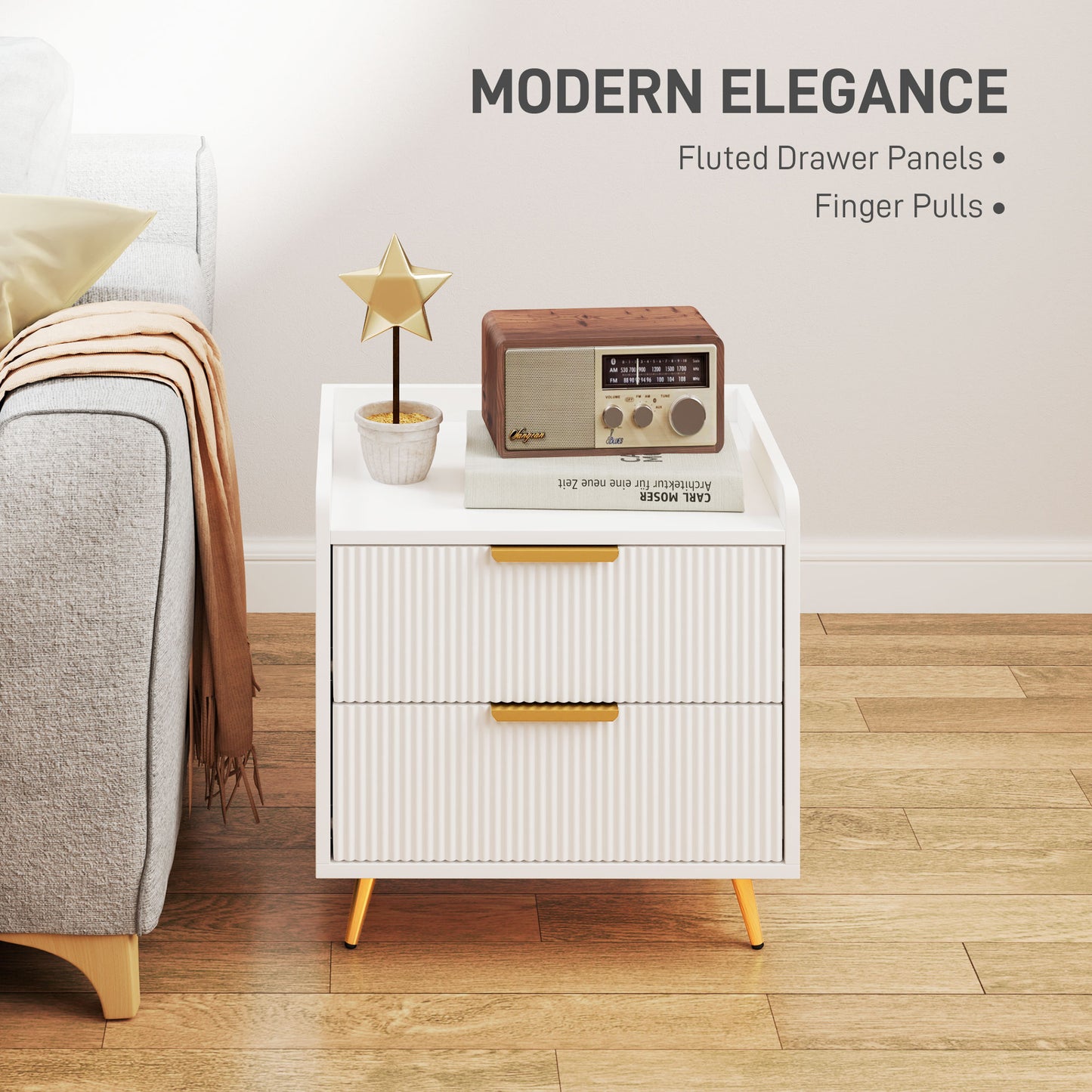 Yoha White and Gold Ribbed 2 Drawer Bedside Table