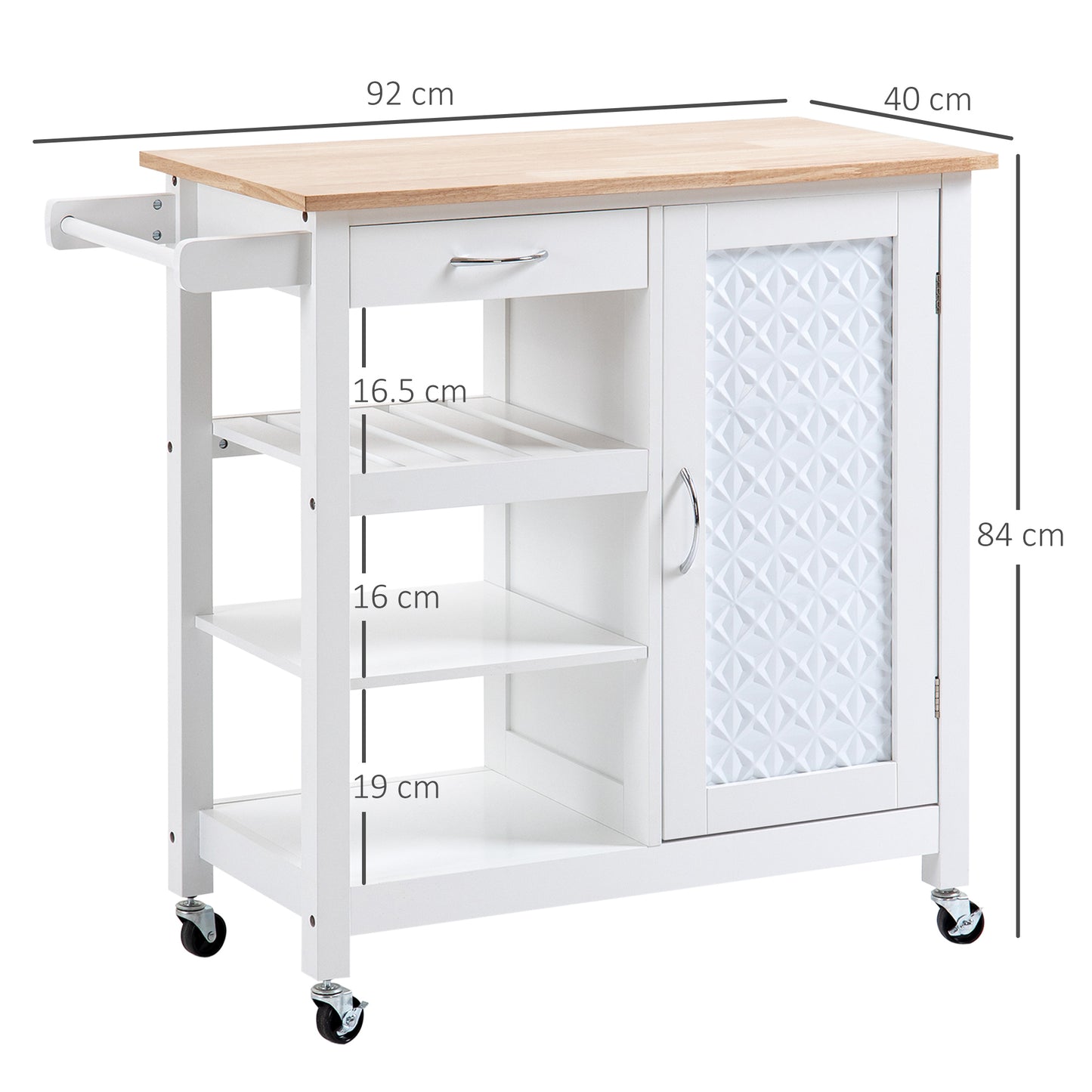 Cottalo Wooden White Rolling Kitchen Trolley With Embossed Door Panels And 3 Storage Shelves