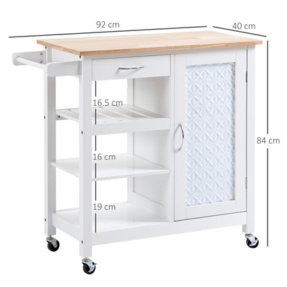 Cottalo Wooden White Rolling Kitchen Trolley With Embossed Door Panels And 3 Storage Shelves
