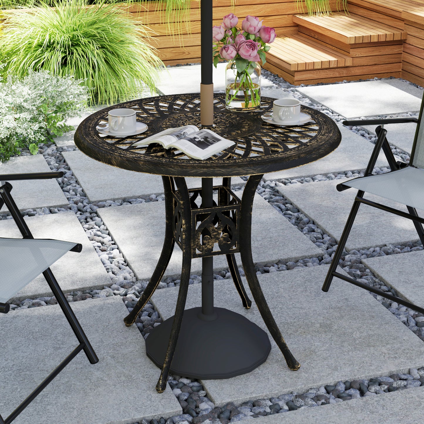 Kenofa Cast Aluminium Bronze Round Garden Dining Table With Parasol Hole