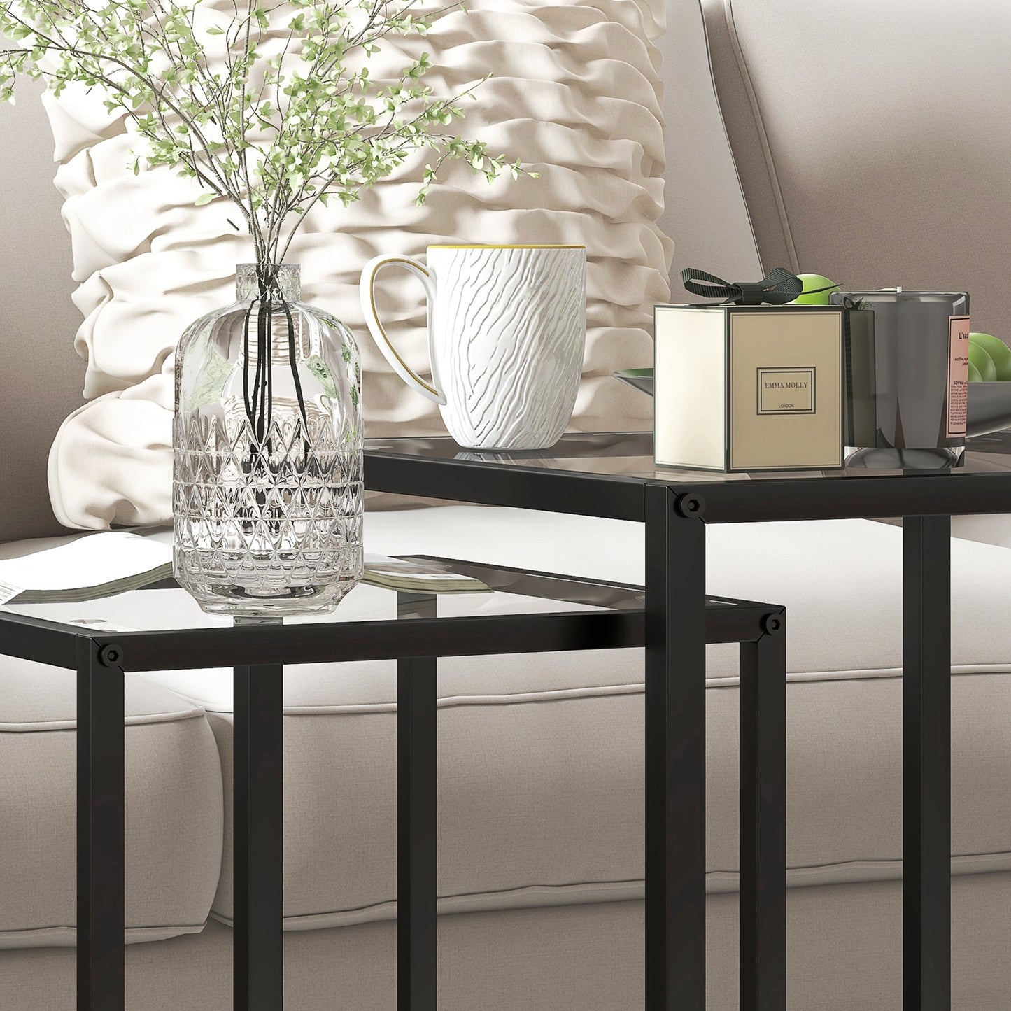 Riraro Metal Black Set Of 2 Nesting Side Tables With Glass Tops