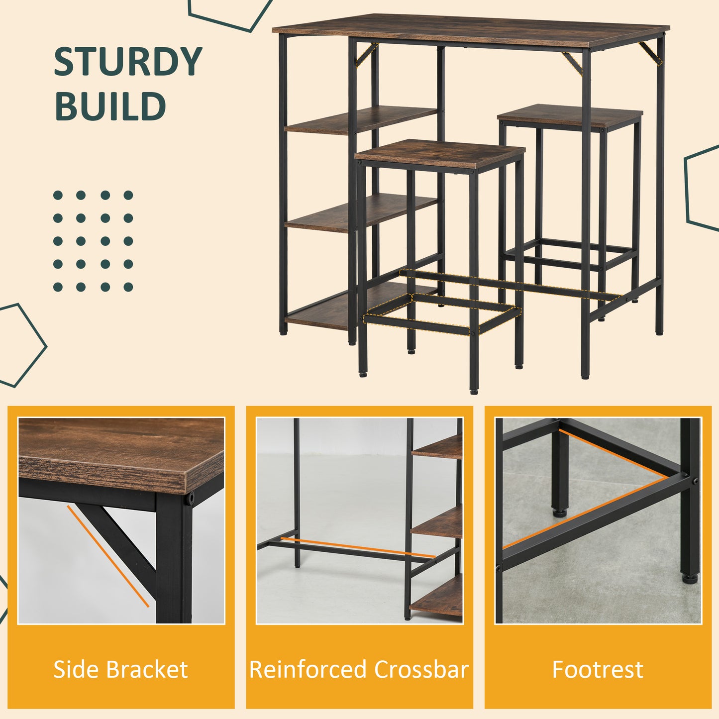 Elba Metal And Wooden Industrial 3 Piece Bar Dining Set With Side Storage