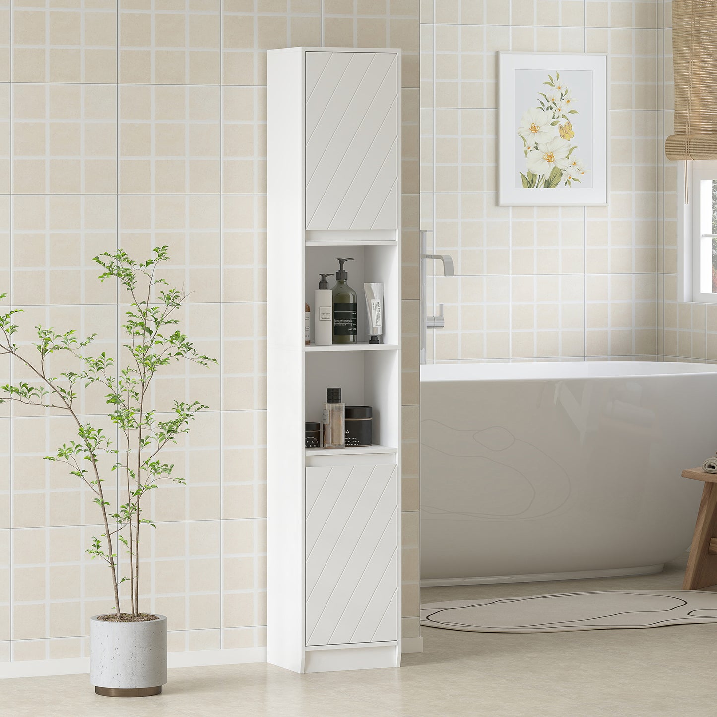 Fibava Slim Freestanding Bathroom Storage Cabinet With OFauxn Compartment Adjustable Shelves White 30 x 24 x 170 cm