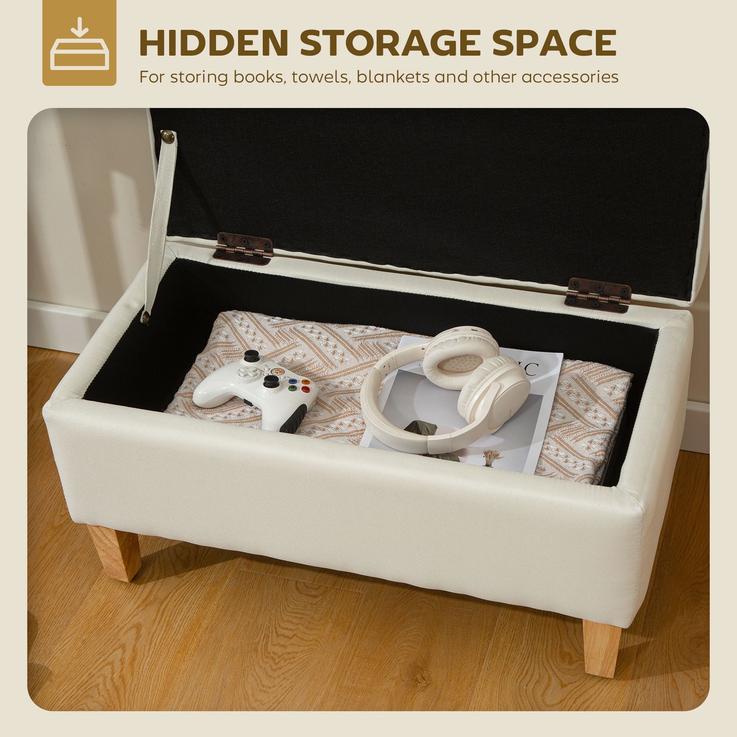 Suba Linen Beige Storage Footstool With Storage Natural Wooden Legs