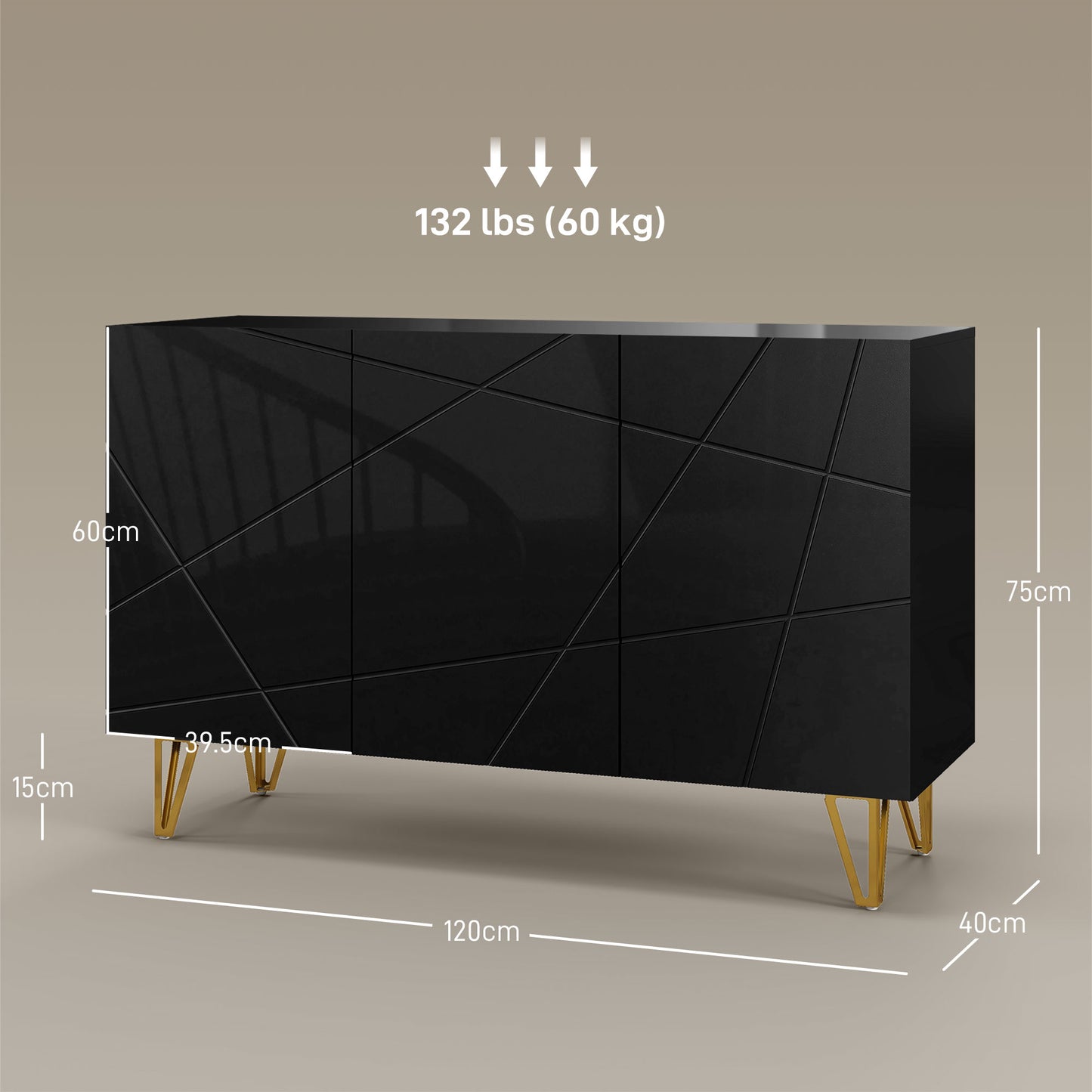 Fayosa High Gloss Black Sideboard With Golden Hairpin Legs