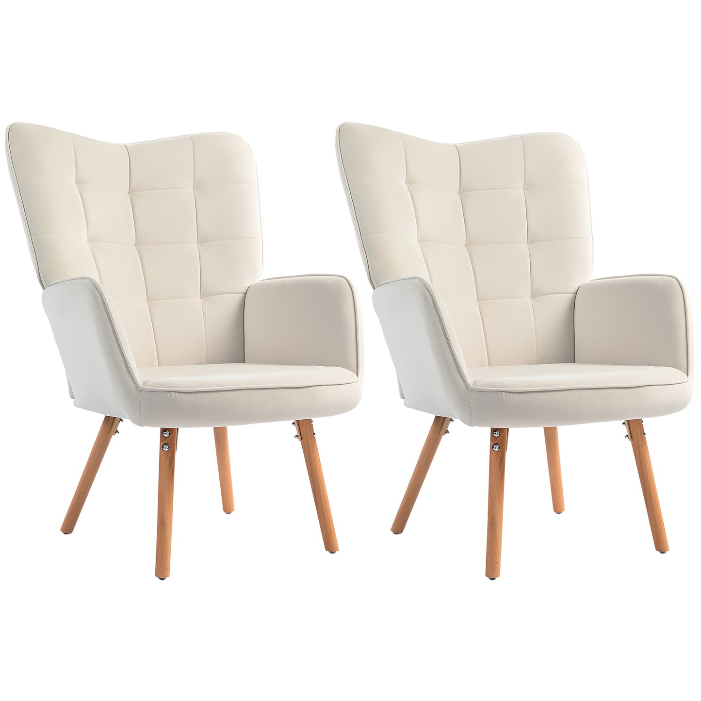 Haseto Velvet Cream White Wingback Accent Chairs Set Of 2 With Tufted Back And Wooden Legs