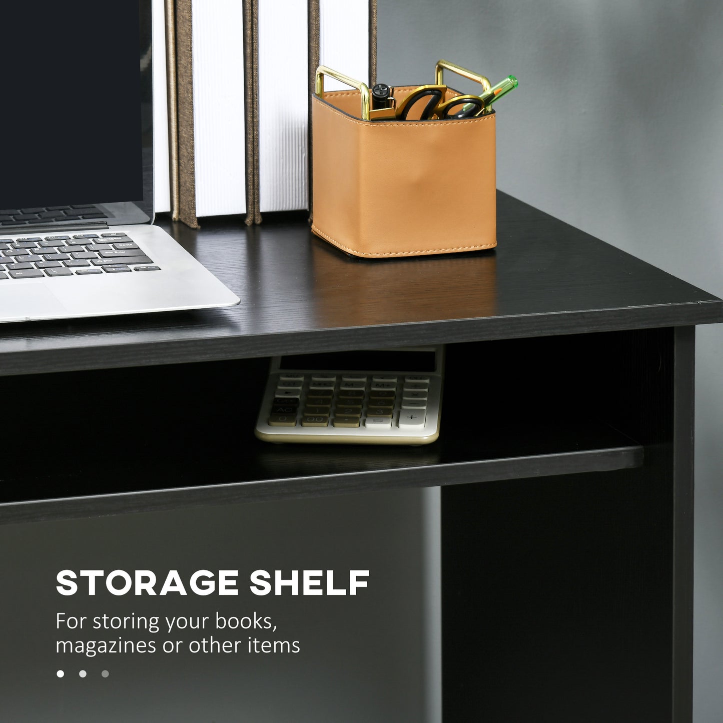 Biretti 90cmvWooden Black Wood Grain Compact Desk With Storage Shelf