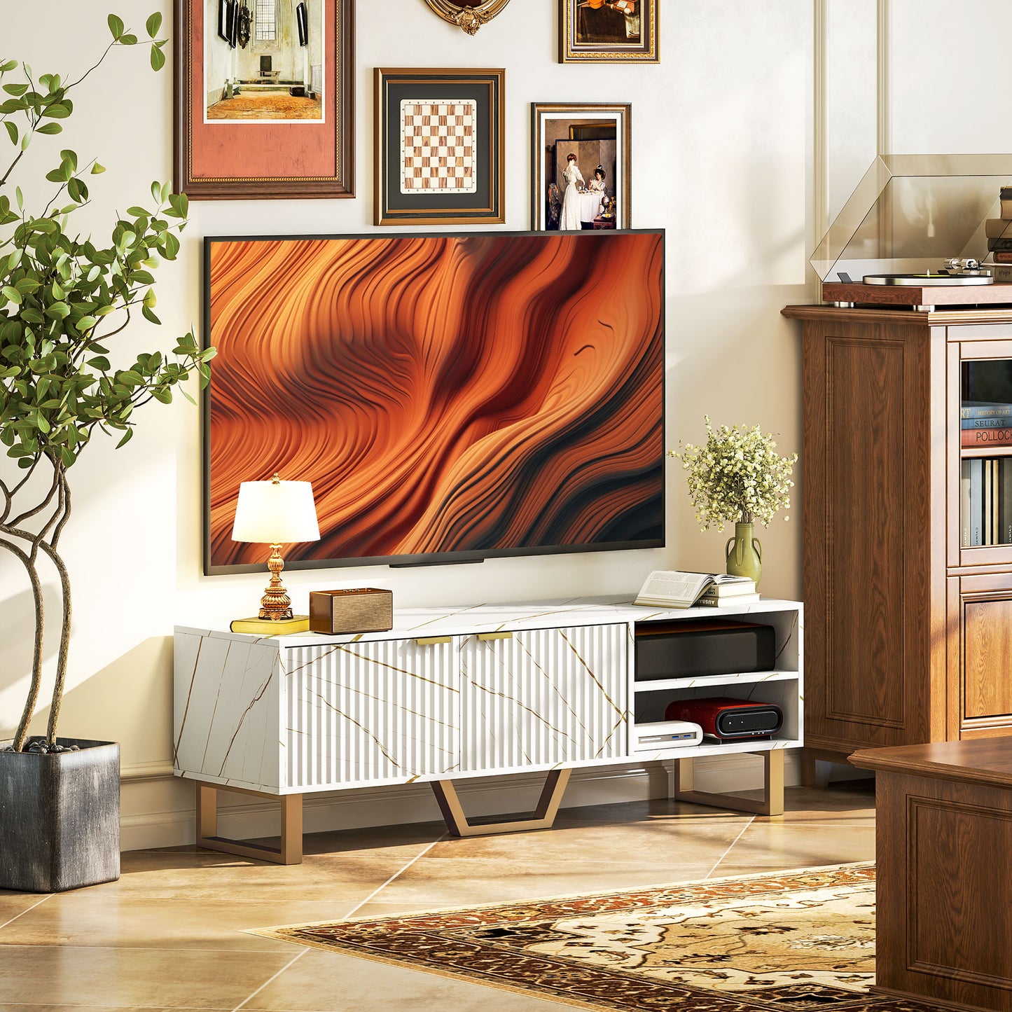 Veriri 140cm White Marble and Gold Effect TV Unit With Fluted Doors For Screens Up To 70 Inches