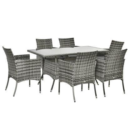 Zila 6 Seater Rattan Grey Outdoor Dining Set With Cushioned Armchairs And Glass Table