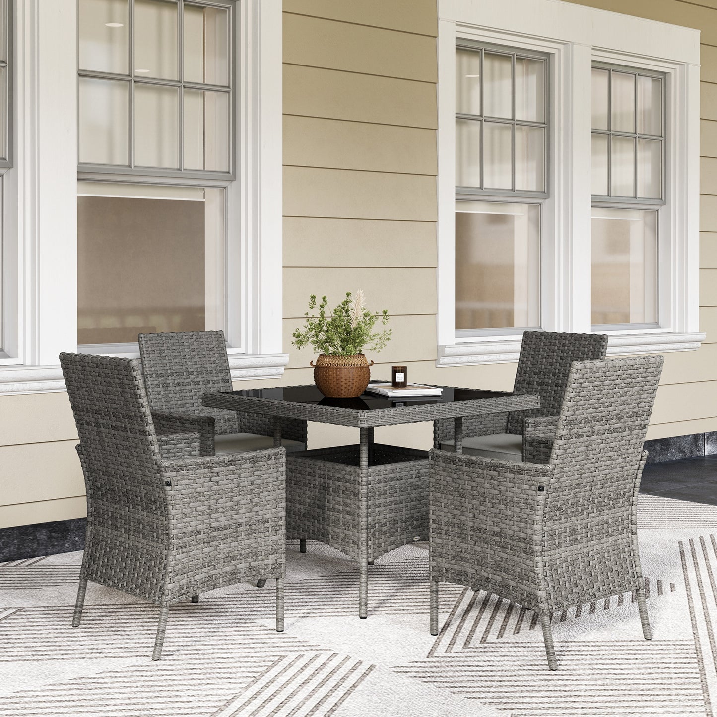 Noha Grey Rattan 4 Seater Outdoor Dining Set with Square Glass Table
