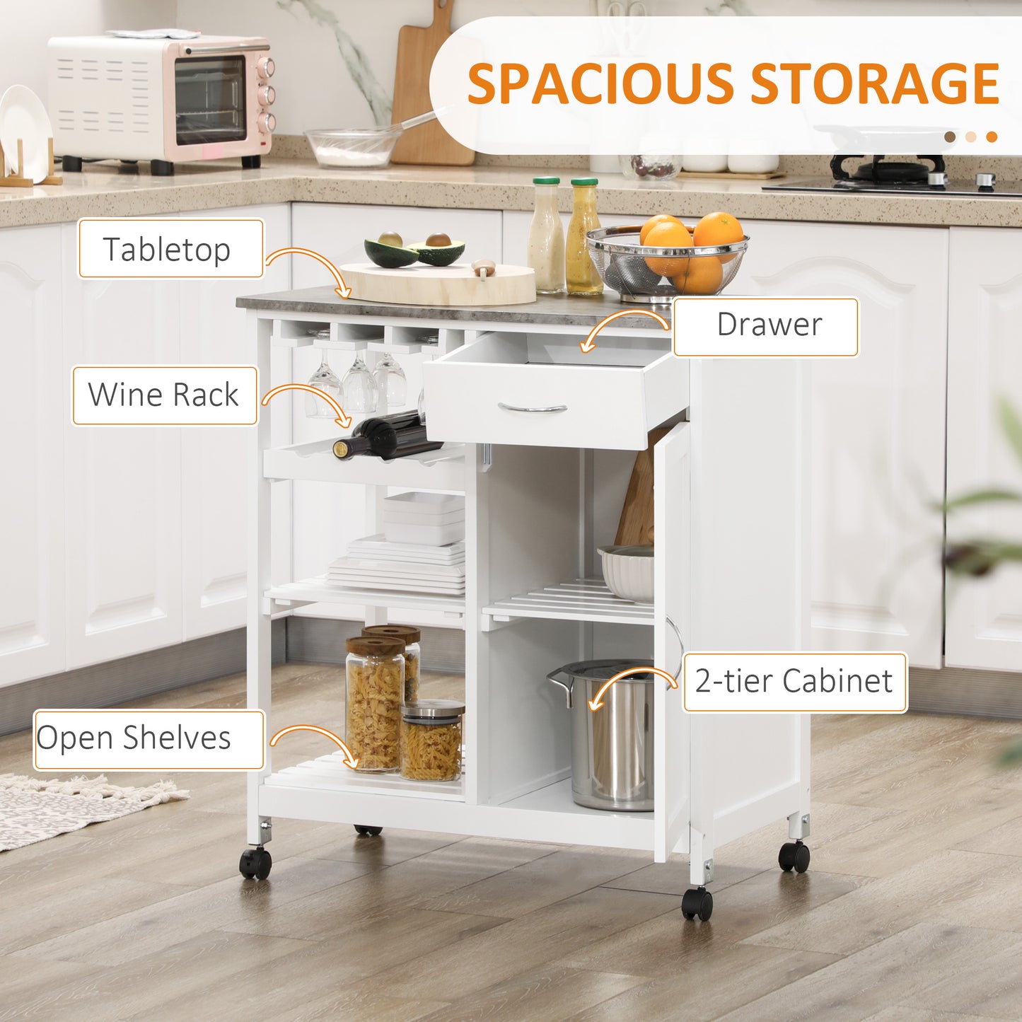 Sohavi Wooden White Compact Kitchen Trolley With Wine Rack Drawer And Open Shelving
