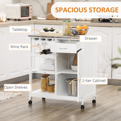 Sohavi Wooden White Compact Kitchen Trolley With Wine Rack Drawer And Open Shelving