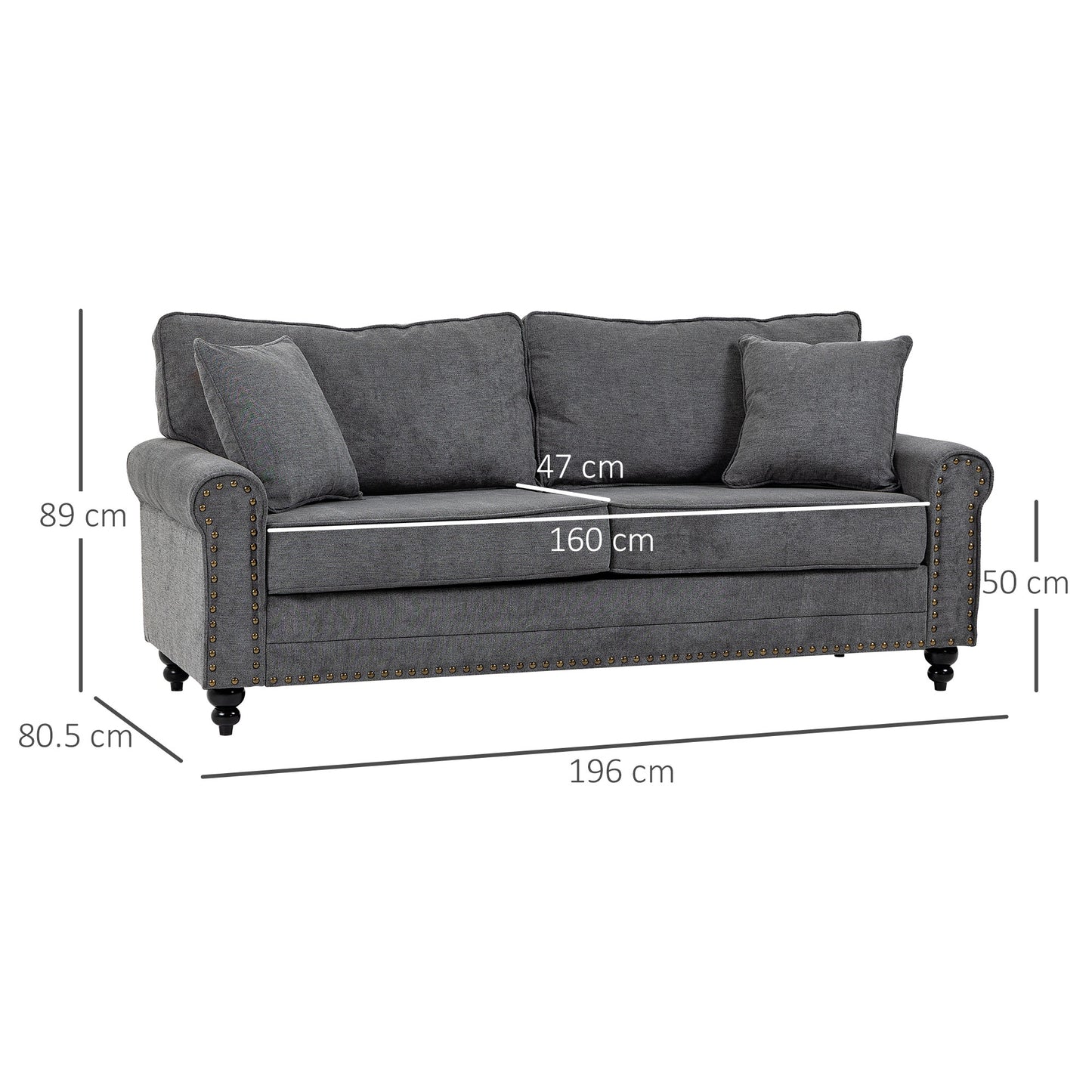 Tael Yolo Grey Fabric 3 Seater Sofa With Nail Head Trim And 2 Cushions