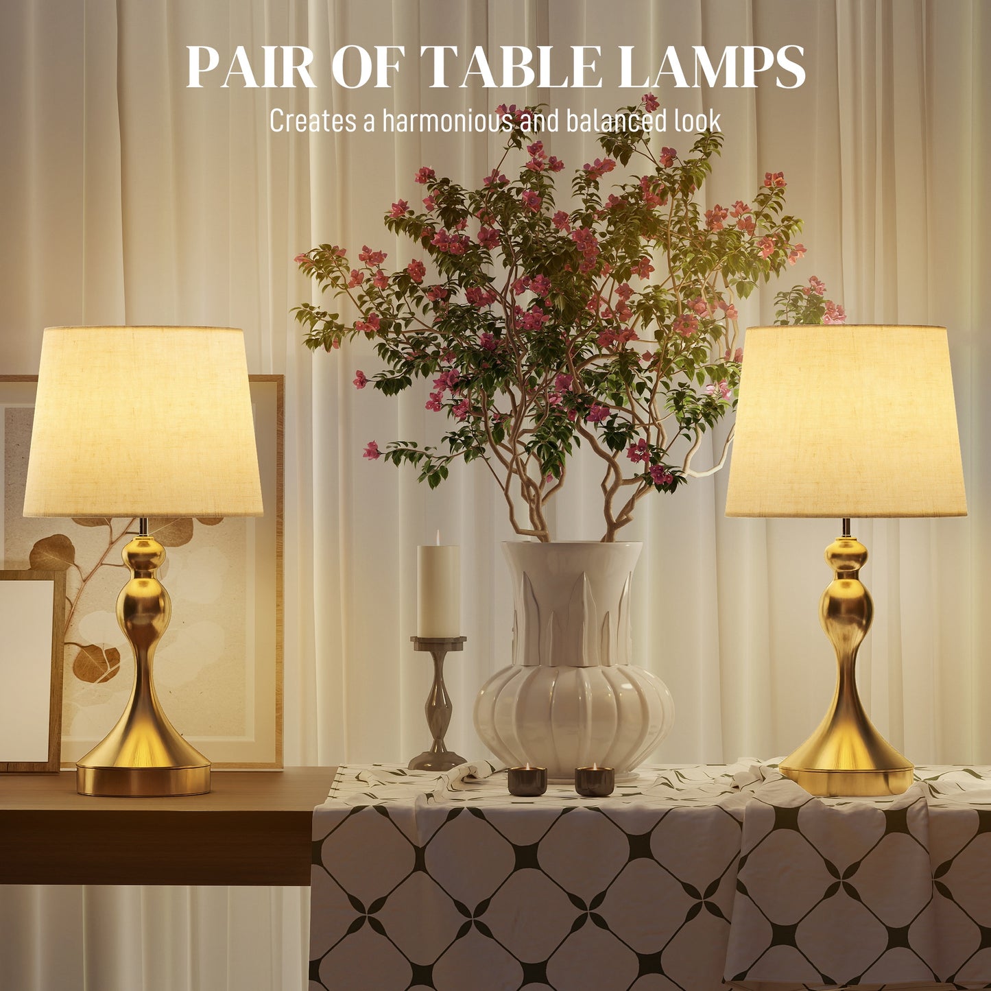 Rino Metal Gold Tone Set Of 2 Bedside Lamps With USB Charging Ports Linen Shades And 3 Colour Light