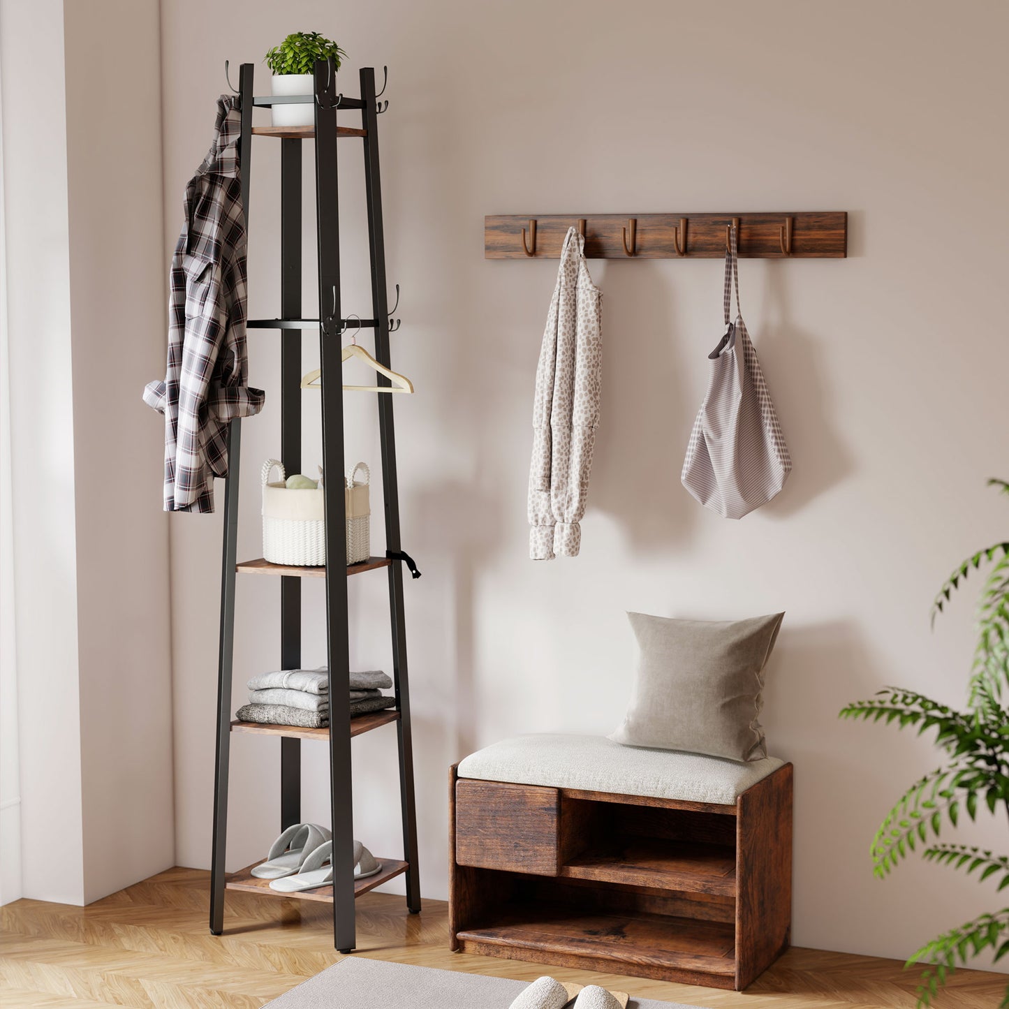 Kareva Metal And Wood Brown And Black 4 Tier Industrial Coat Stand With Shelves